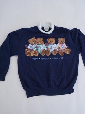 Vintage Basic Editions Navy Teddy Bear WWJD Print Crew Neck Sweatshirt M